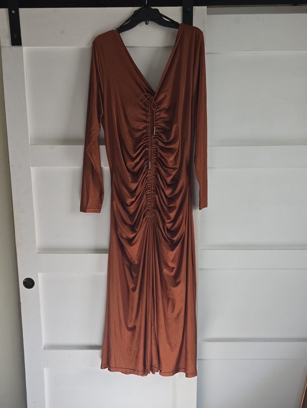 City Chic Copper Ruched V-Neck And Back Long Sleeve Maxi Dress
